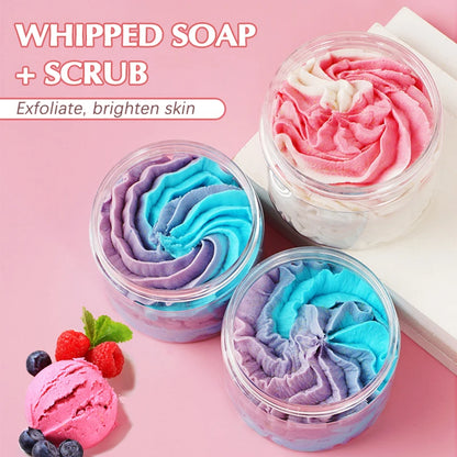 Whipped Bath Soap Cleansing Moisturizing Body Wash Soften Shave Cream Handmade Exfoliating Shower Soap Shea Butter Rainbow Scrub